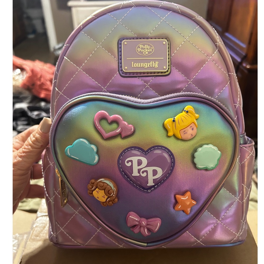 Loungefly Polly Pocket Iridescent Quilted Heart Mini Backpack Purple NWT